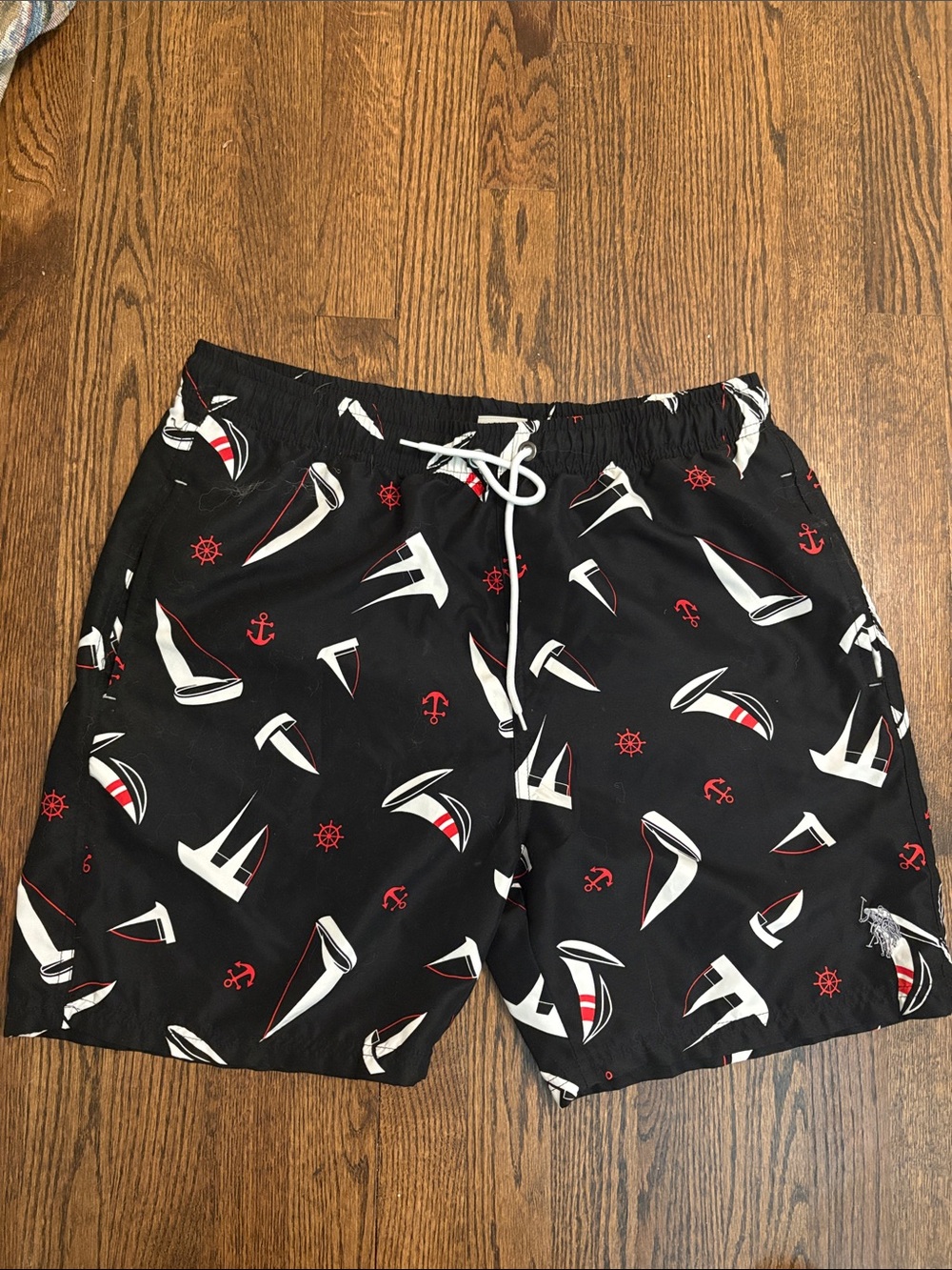U.S. Polo Assn. Black Swim Trunks with White and Red Sail Print